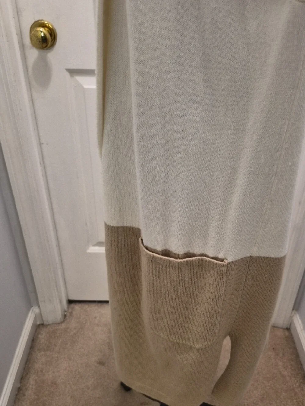 S2- Cream and Tan Open Front Long Cardigan - sz L - Picture 4 of 7